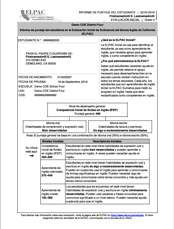 Initial ELPAC Grade 3 Sample Score Report